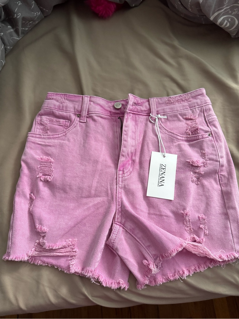 Zenana Outfitters Light Pink Distressed Denim Shorts